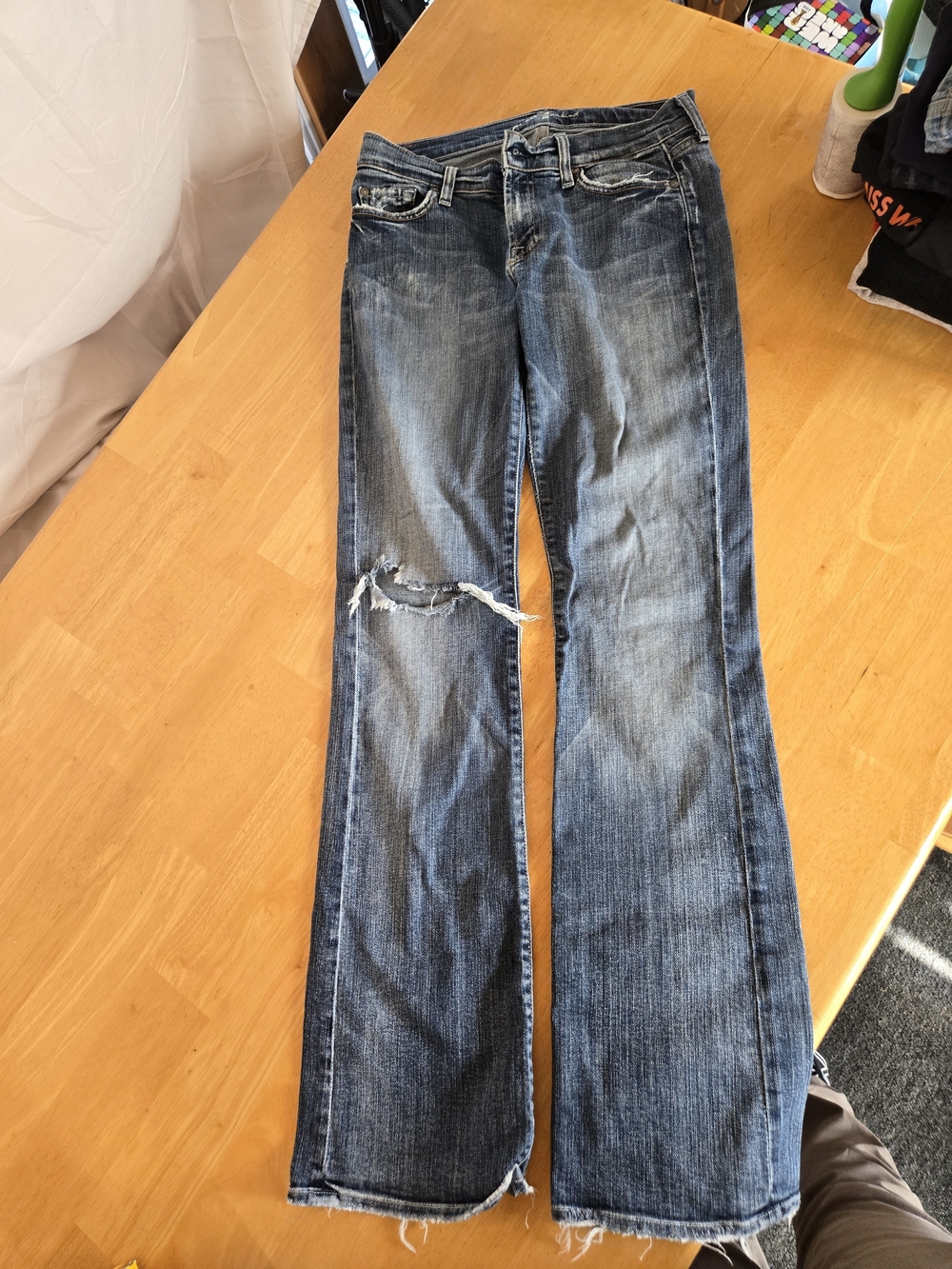 7 For All Mankind Blue Distressed Bootcut Jeans
